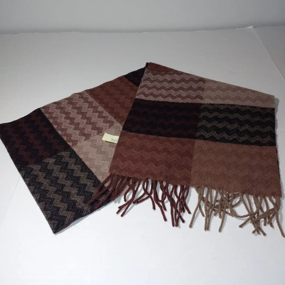 IrelandEye Cashmere Wool Blend Chevron pattern Fringes Scarf Brown OS